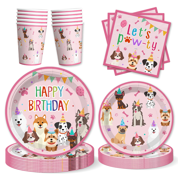 Morabloomy Pink Puppy Birthday Paper Plates Cups Napkins Tableware Set