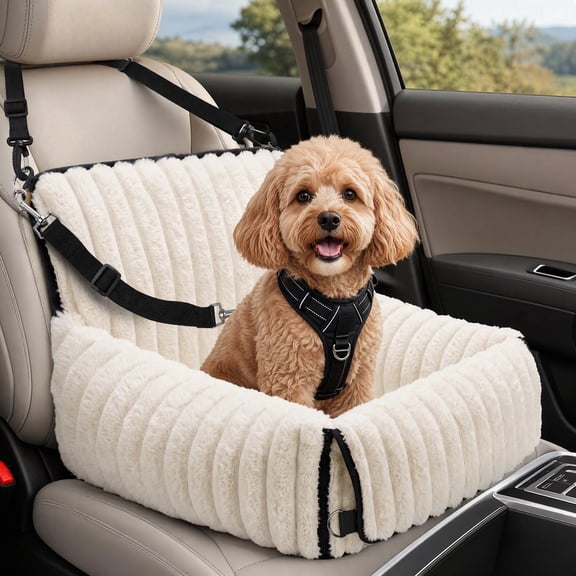 Puppy Car Seat for Small Dogs 0-15 lbs, Dog Car Bed with Safety Leash, White