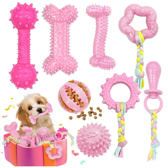 Puppy Chew Toys for Teething Small Dogs, 8 Pack Pink Puppy Toys for Teething Treat Interactive to Keep Them Busy, Cute Soft Durable Rubber Toy for Small Dogs, Girl Puppy Essentials