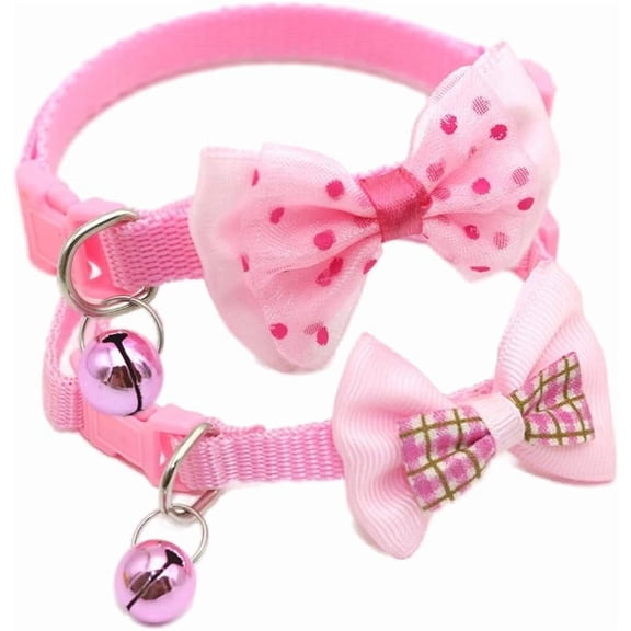 Puppy Collar with Bell, 1/2-Pack Dog Collar with Bell Cute Bowtie Cat Collar Nylon Adjustable Buckle for XXS XSmall Girl Pets Female Kitten Yorkie Teacup Chihuahua X-Small, Neck 7-12 Inch