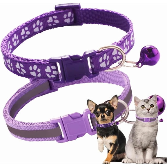 Puppy Collar with Bell, 2-Pack Reflective Strip Girl's Cat Collars with Bells, Nylon Small Dog Collars with Bells Adjustable for Puppy XXS XS Small Female Dogs Kitten