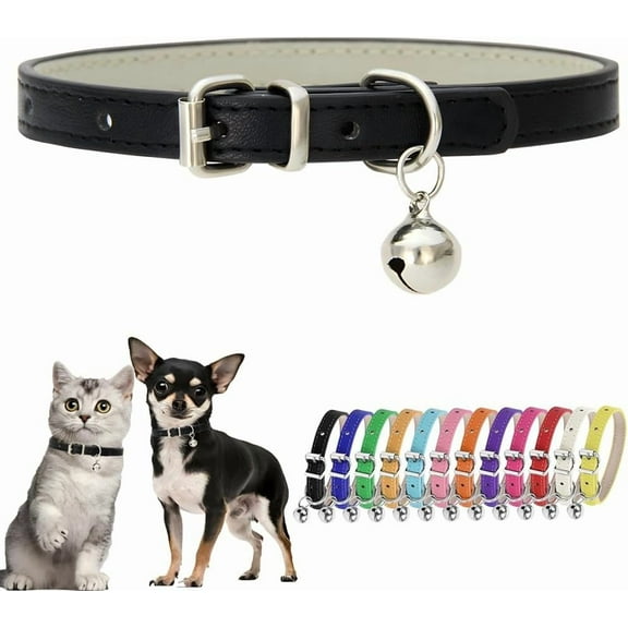 Puppy Collar with Bell Leather XXS Dog Collar with Bell Adjustable Buckle Cat Collars for XXSmall XS Tiny Little Extra Small Breed Pets Boys Girls Like Chihuahua