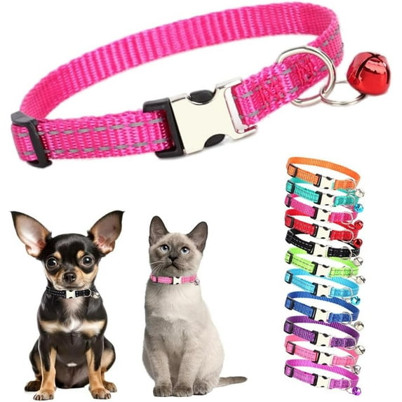 Puppy Collar with Bell,Reflective Cat Collar with Bells Metal Buckle Girl Female Nylon Dog Collar with Bells for XXS XS Tiny Little Kitten Boy Pet Dogs, 7.5-11 Inch