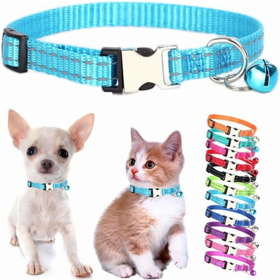 Puppy Collar with Bell, Reflective Nylon XS Cat Collars Soft Adjustable Buckle for XXS XSmall Small Puppy Female Tiny Pets Dogs Boy Girl Kitten Yorkie Chihuahua