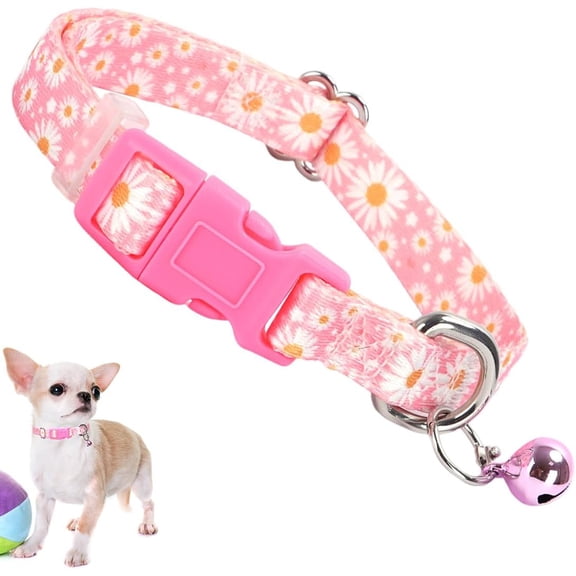 Puppy Collar with Bell, Pretty Daisy Cute Floral Flower Girl Cat Collar, Tiny Dog Collars with Bells for XXS XS Small Pet Female Dogs