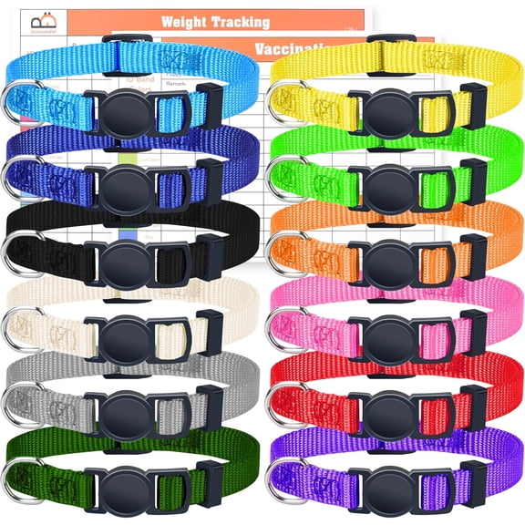 Puppy Collars – Super Soft Nylon Whelping Puppy ID - Adjustable Breakaway Litter Collars Pups – Assorted Colors Plain & Identification Collars with 2 Record Keeping Charts – Set of 12