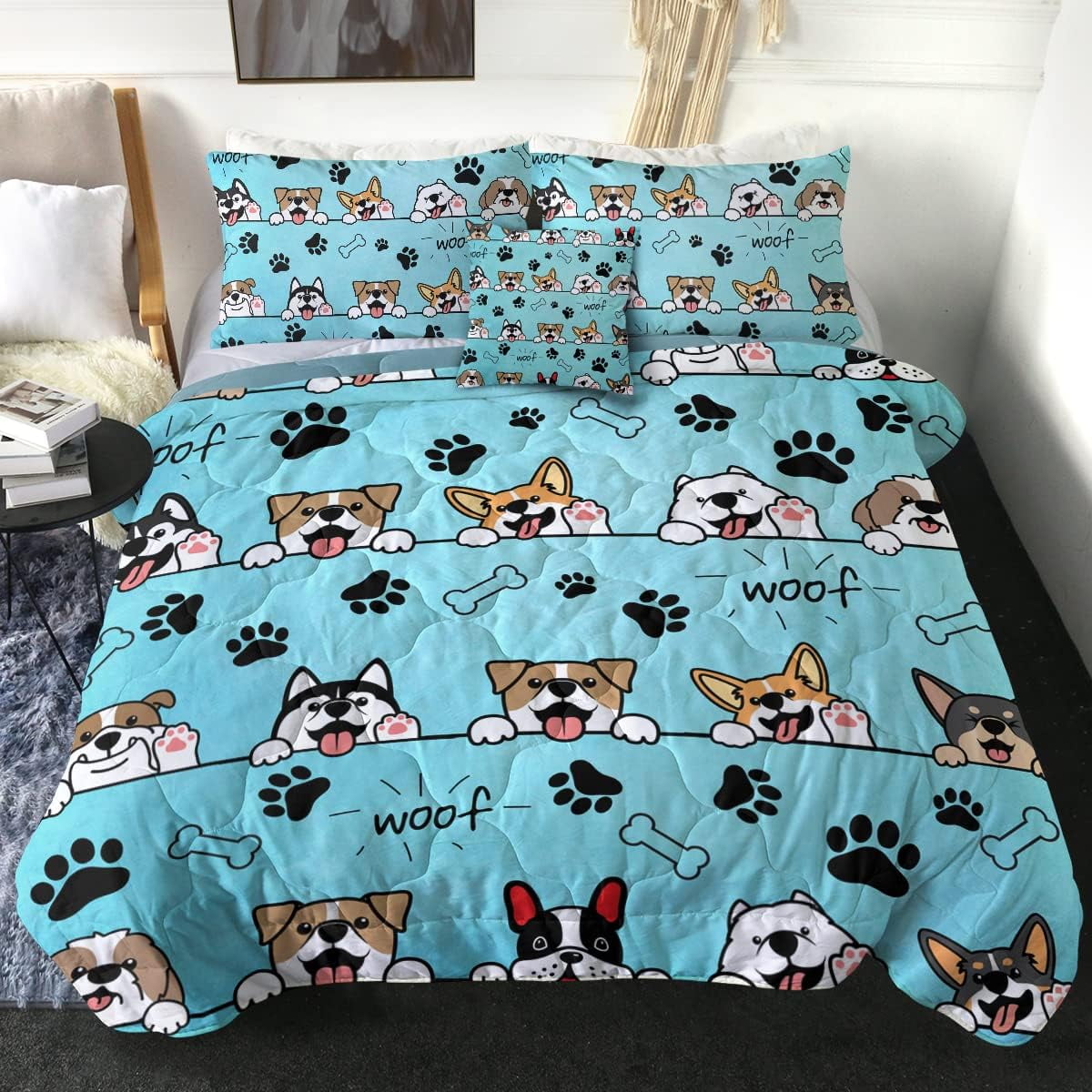 Puppy Dog Comforter Set Blue, Cute Little Puppy Dog Pet Pattern Bedding