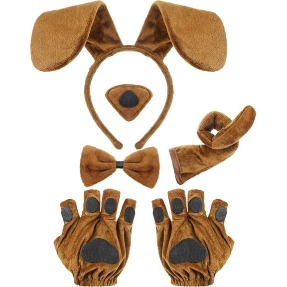 Puppy Dog Costume Set Dog Ears Headband Bowtie Nose Tail Paw Gloves Accessories for Halloween Carnival