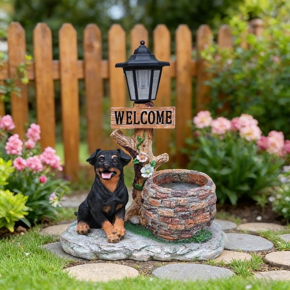 Puppy Dog Garden Statue with Solar Lantern & Built-In Planter, Resin Outdoor Deco