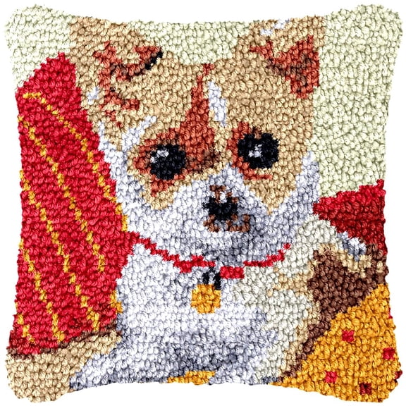 Puppy Dog Latch Hook Kits Pillow Cover DIY Rug Making Crochet Hook Cushion Making Kits with Preprinted Pattern Canvas DIY Needlework Crochet Kits Sofa Decor 43x43cm