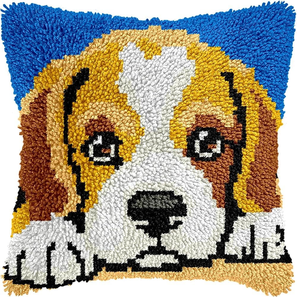 Puppy Dog Latch Hook Pillow Cover Kits for DIY Handmade Throw Pillow Cross Stitch Latch Hooking Pillowcase Kits with Preprinted Color Pattern Canvas Crochet Yarn Kits 17''X 17''(8-122)