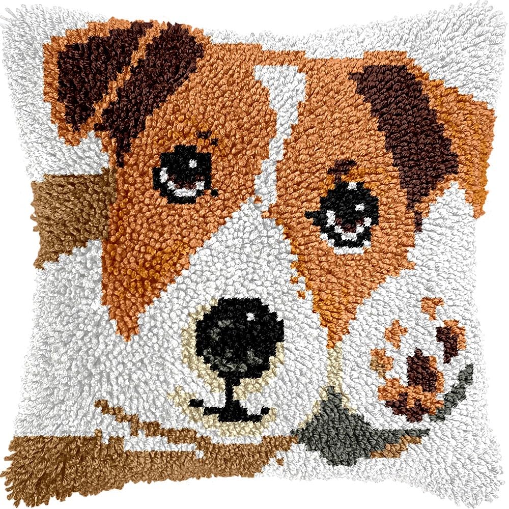 Puppy Dog Latch Hook Pillow Kits for DIY Handmade Throw Pillow Cushion Embroidery Latch Hooking Pillowcase Kits with Preprinted Canvas Crochet Yarn Kits 17''X 17''(g299)