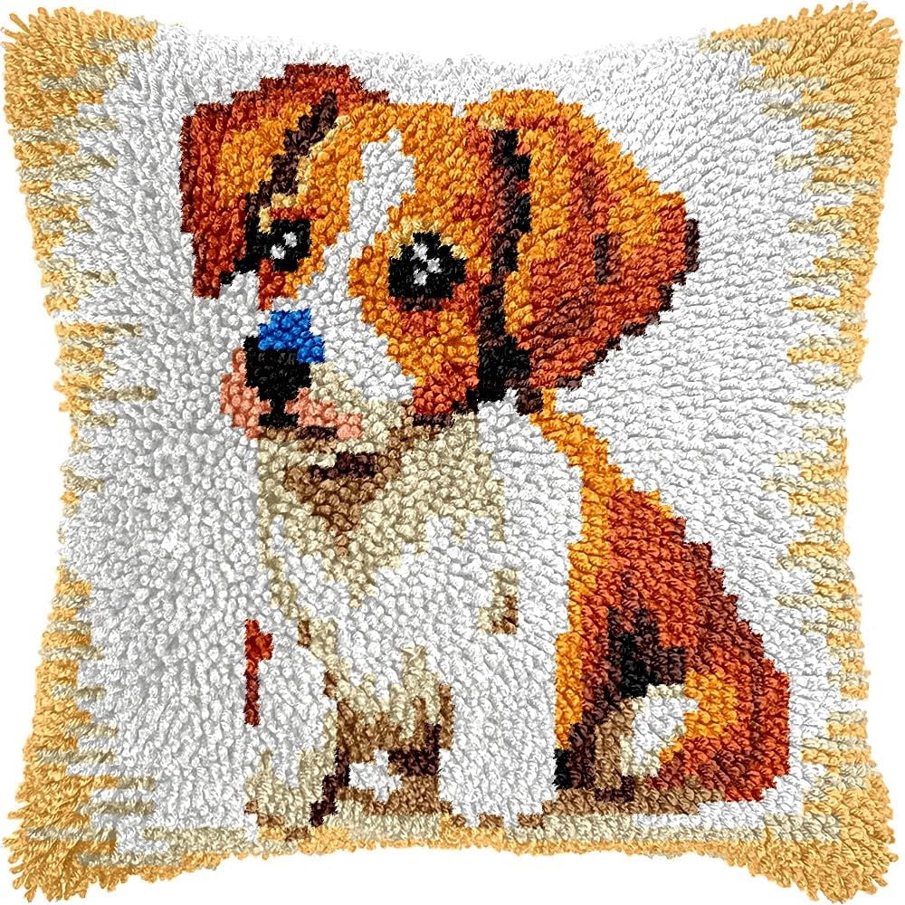 Puppy Dog Latch Hook Pillow Kits Pillow Cover Latch Hook Crafts Crochet Knitted Hooking Pillowcase Cushion Crafts Embroidery Latch Hooking Kits Material Set 17x17 inch(182)