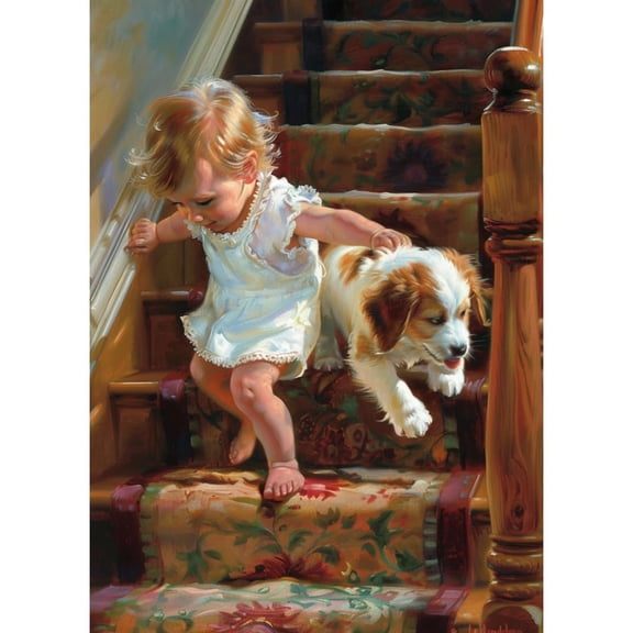 Puppy Dog Down Stairs 5D Diamond Art DIY Paint with Full Drill Round Diamond Gems Painting by Number Kits for Adults Art Craft Home Wall Decor 11.8x15.8inch