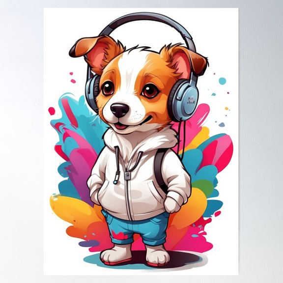 Puppy Dog With Phone Headset. Poster Wall Art, Modern Wall Decor For Living Room Bedroom, 8x12 UNFRAMED