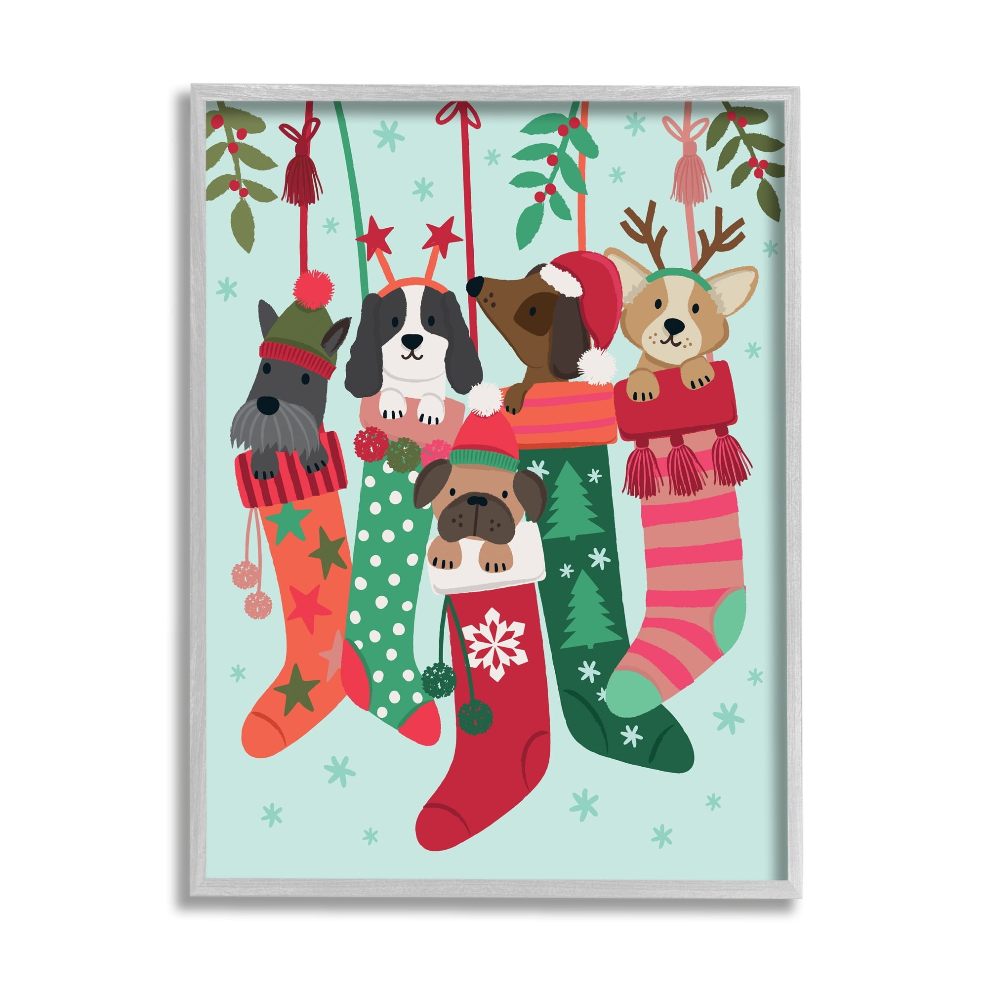 Puppy Dogs Nestled Patterned Stars Christmas Stockings Animals & Insects Graphic Art Framed Art Print Wall Art
