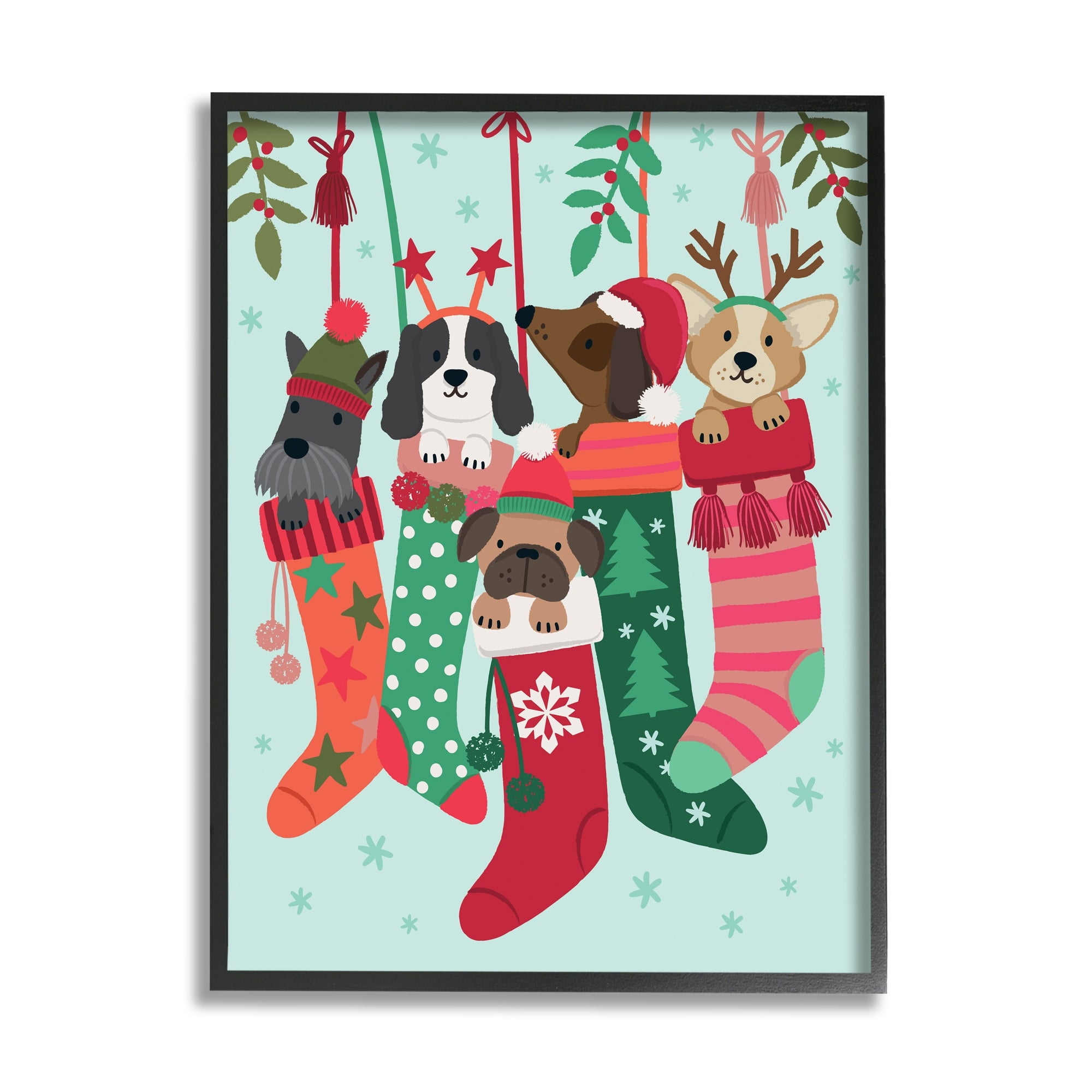 Puppy Dogs Nestled Patterned Stars Christmas Stockings Animals & Insects Graphic Art Framed Art Print Wall Art