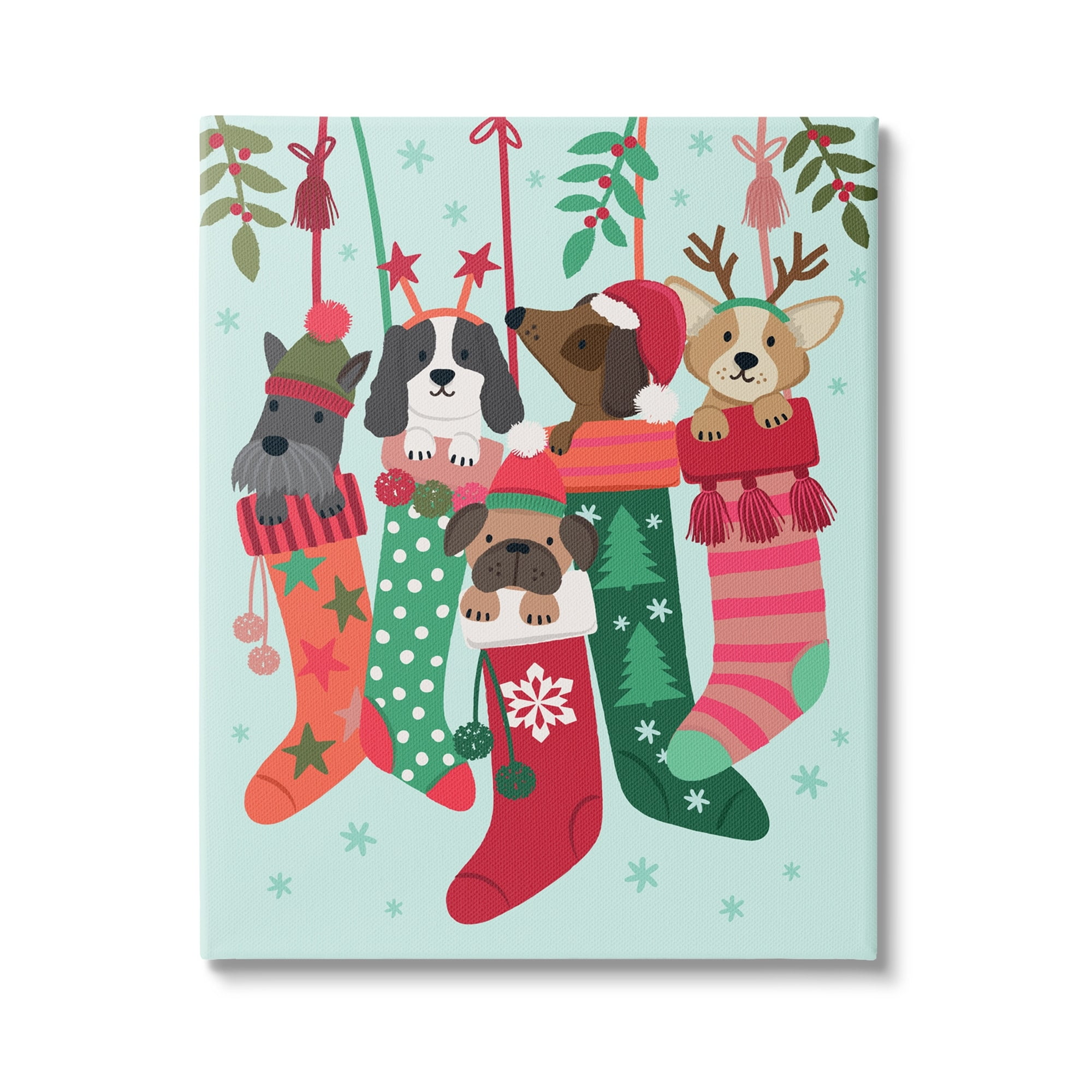 Puppy Dogs Nestled Patterned Stars Christmas Stockings Animals & Insects Graphic Art Gallery-Wrapped Canvas Print Wall Art