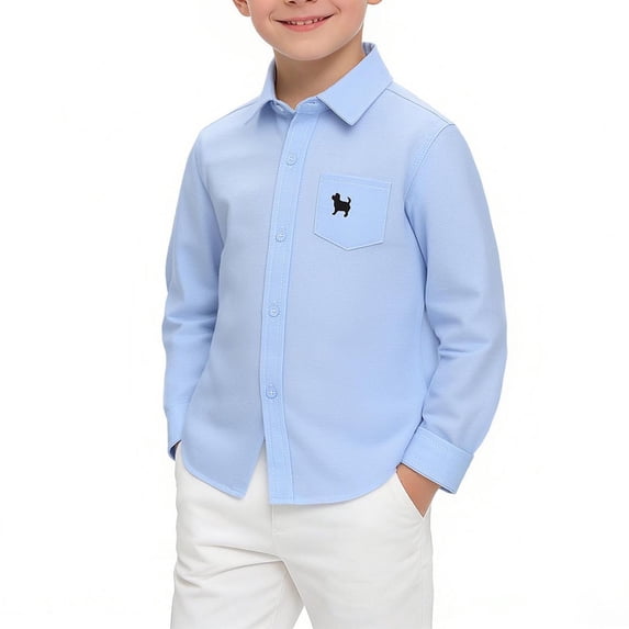 Puppy Embroidered Long Sleeve Button Polo Shirt for Boys And Girls Collared Casual School Top Classroom Weekend Outfit Photo Day Wear Travel Look