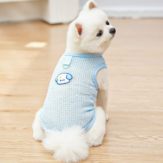 Puppy Embroidered Teddy Vest Summer Cute Dog Clothes Hollow Out Breathable Pomeranian Pullover Fashion Mesh Maltese T-Shirt Sky Blue XS