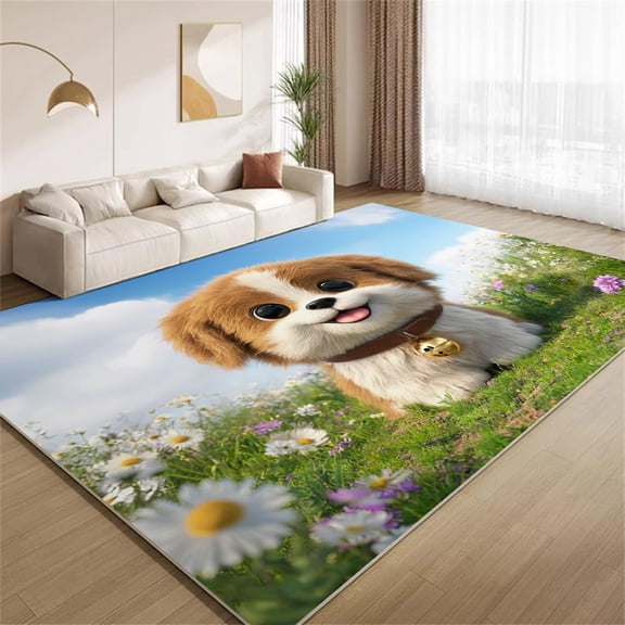 Puppy Floral Area Rugs, Cartoon Pet Puppy Flower Dog Carpet, Washable Non Slip Low Pile Soft Rug for Entryway Bedroom Living Room Decor Mat 2ftx3ft