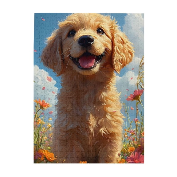Puppy Flowers Meadow Sunshine 1000-Piece Wooden Jigsaw Puzzle for Adults, Fun & Challenging Family Game, Stylish Wall Decor & Holiday Gift