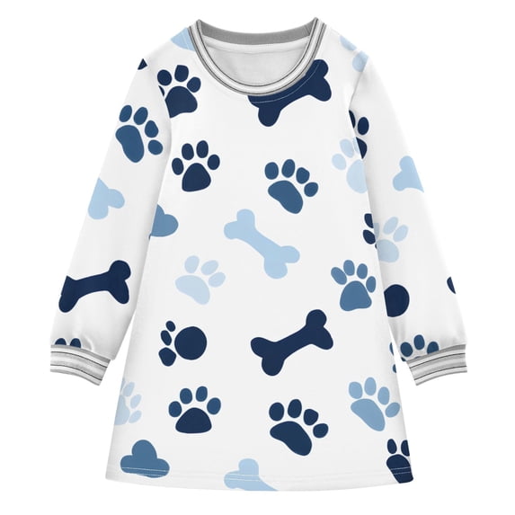 Puppy Footprints Girls'long-sleeved dress Thickened A-dress Warm Dress Basic Shirt Party Dresses