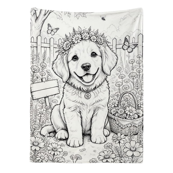 Puppy DIY Coloring Flannel Blanket Soft Cozy 150x127cm for Home Birthday, White
