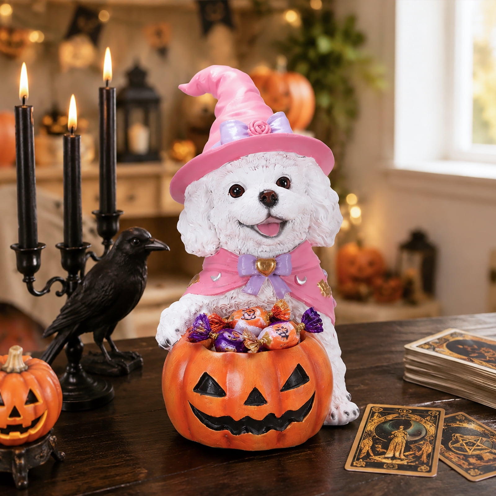 Puppy Halloween Candy Bowl with Pink Witch Hat Pumpkin Holder Resin Tabletop Decor