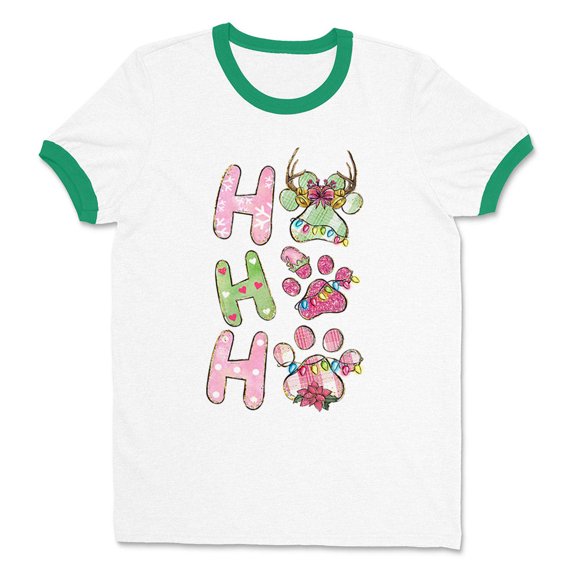 Puppy Ho Ho Ho Ringer Tee Shirt Unisex Small White/Kelly Green