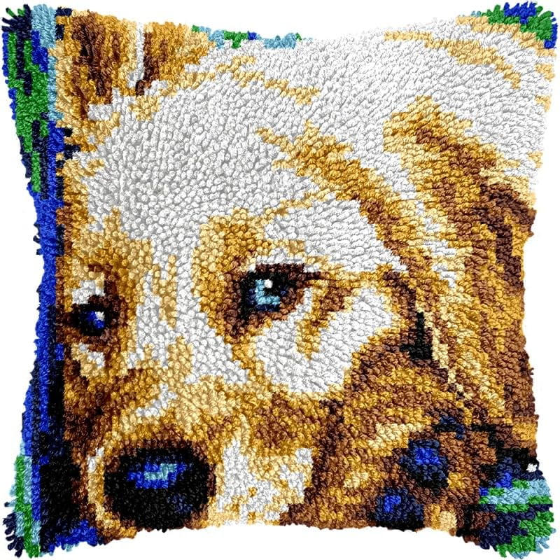 Puppy Latch Hook Pillow Kits Pillow Cover with Pattern Printed Canvas Crochet Cross Hooking Pillowcase Cushion Crafts Embroidery Latch Hooking Crochet Kits 17x17 inch(30)