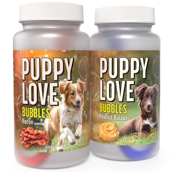 Puppy Love Bubbles: 2 Pack Combo - Bacon & Peanut Butter Scented - 4oz Bottles, Scented Bubbles For Dogs, Non-Toxic & Allergen Free, Combine Toy & Treat