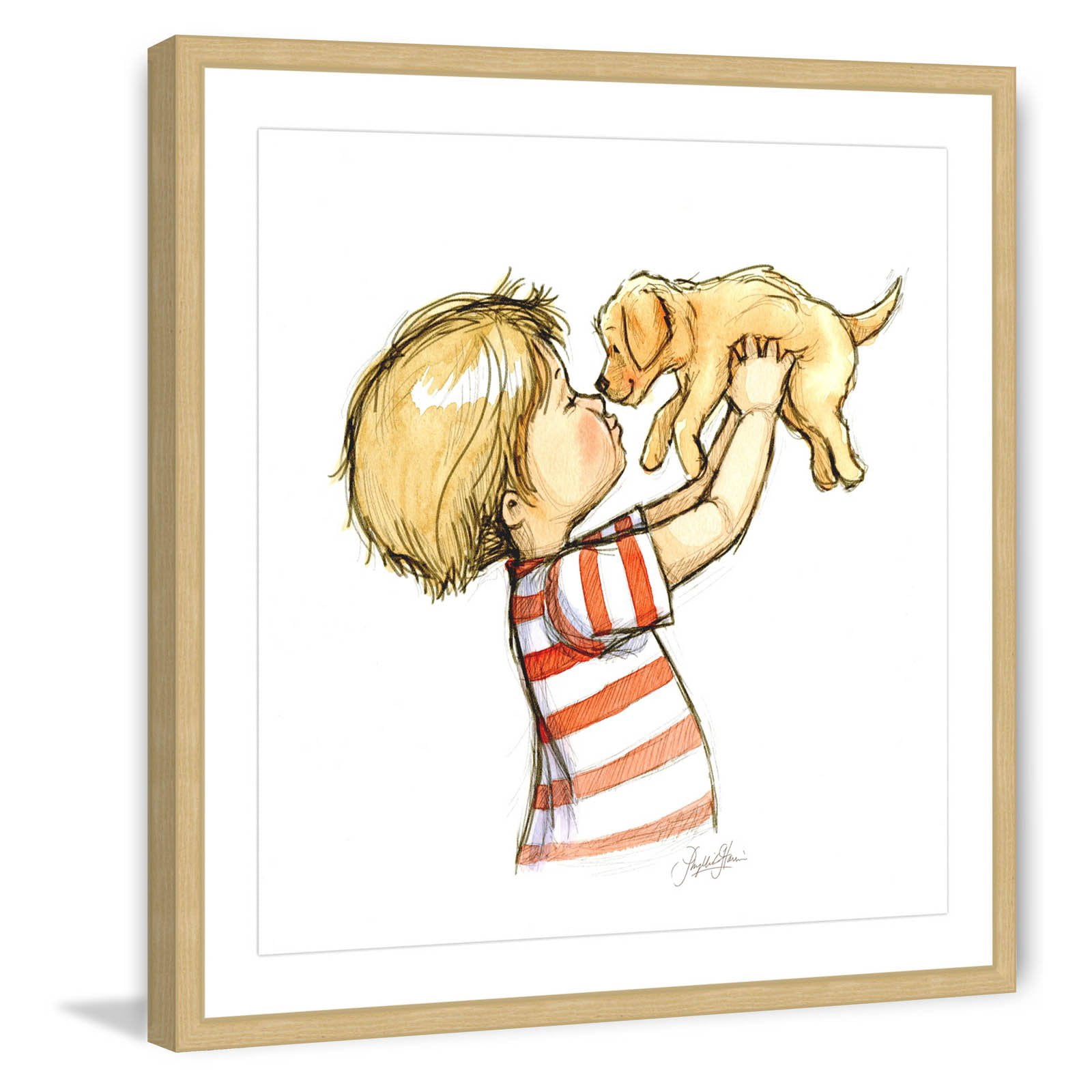 "Puppy Loves Boy" Framed Painting Print