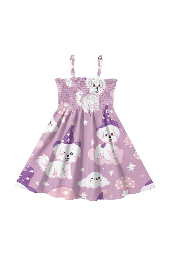 Puppy Magic Hat Pattern Girls' Casual Dresses 2Y-8Y Sleeveless Ruffle Neck for Summer Daily Wear