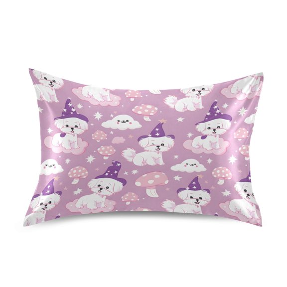 Puppy Magic Hat Pattern Pillowcase Queen Size 30''x20'' Satin Double-Sided Print Soft Wrinkle Resistant