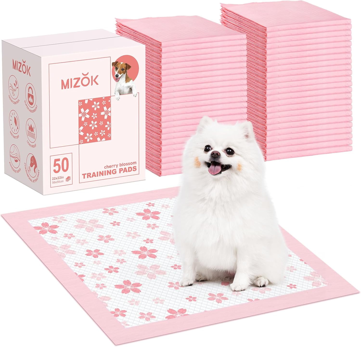 Puppy Pads 22"x 22" with Leak-Proof Quick-Dry Design Pee Pads for Dogs Potty Training, 6-Layer Standard Absorbency Dog Pee Pads Regular Size, Pink Cherry Blossom Pattern (50 Counts)