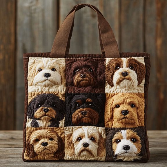 Puppy Patch Quilted Tote Bag, Dog Print Shoulder Bag, Reusable Shopping Tote, Gift for Dog Lovers