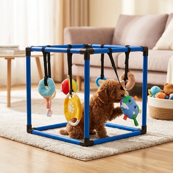Puppy Play Gym with 8 Hanging Toy Indoor Play Gym Interactive Dog Toy for Boredom Enrichment Activity for Small Dog Teething PVC Frame Stretchy Rope Blue