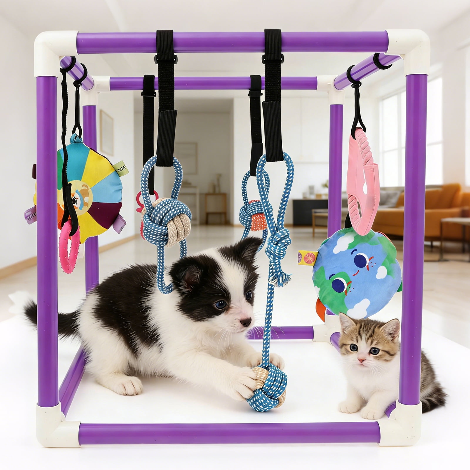 Puppy Play Gym with 8 Hanging Toy Removable Dog Enrichment Playground Interactive Indoor Training Activity Center for Small Dog and Puppy PVC Frame