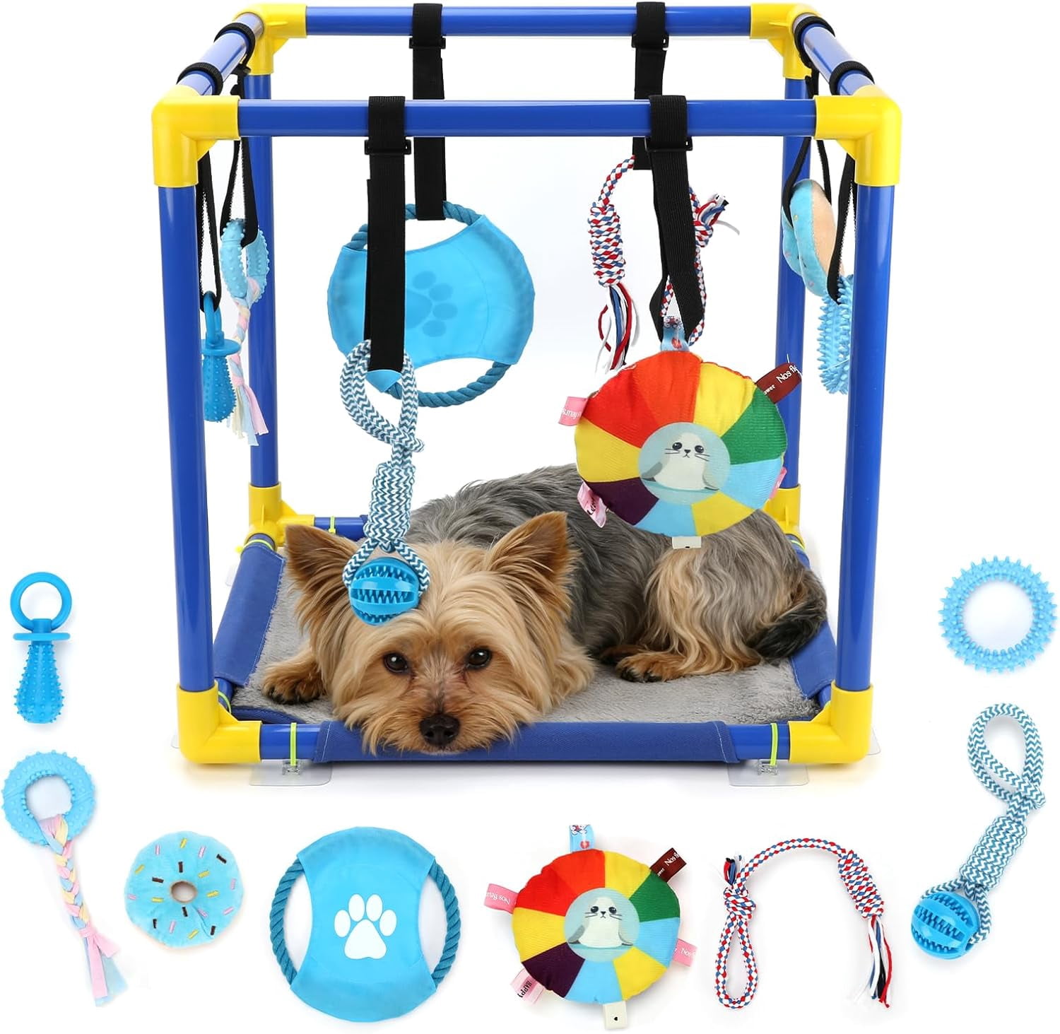 Puppy Play Gym with Hanging Toys, PVC Frame Activity Center for Small Dogs, Kittens and Pets with 8 Enrichment Toys