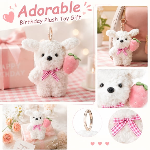 Puppy Plush Accessory, Birthday Gift for Friend, Strawberry Plush, Stuffed Animal, Gift for Sister Birthday, 4X2.5 Inch 1Pc Delicate Fluffy Vintage White Dog Plush Toys Holding