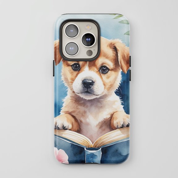 Puppy Reading Book For All iPhone Series Protective Phone Case Watercolor Art Blue
