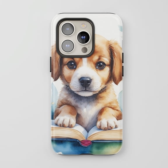 Puppy Reading Book For All iPhone Series Protective Phone Case Watercolor Art White