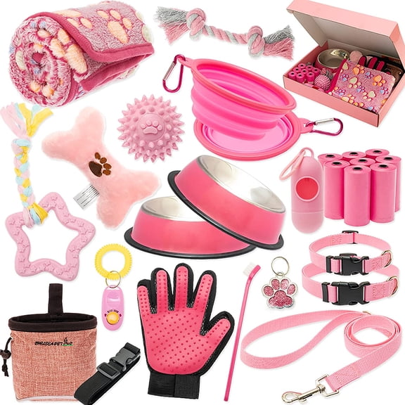 Puppy Starter Kit for Small Dogs, 26 pcs Dog Supplies, Dog Toys, Collar & Leash, Training Clicker, Treat Bag, Poop Waste Bag with Dispenser, Blanket, Grooming Glove, Bowls, Toothbrush, etc
