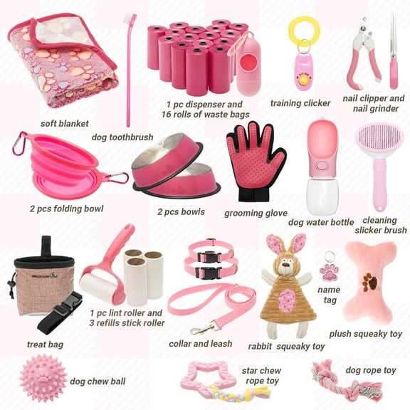 FLYSTAR Puppy Supplies Starter Kit - 42 pcs Puppy Essentials Includes Dog Squeaky Toys, Collar, Leash, Treat Bag, Poop Waste Bag, Blanket, Bowls, Water Bottles, Brush, Training Clicker and More