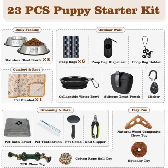 Puppy Supplies Starter Kit – Puppy Essentials and Dog Stuff Set for Small Dogs, Includes Bowls, Toys, Toothbrush, Treat Pouch and More, Welcome Home Gifts for Your New Puppies - Black