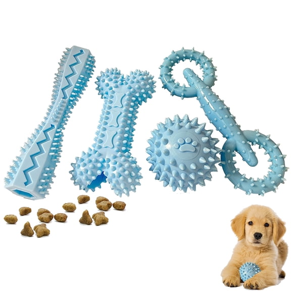 Puppy Teething Toys for Small Dogs 0-6 Months, 4 Pack Soft Rubber Chew Toys for Puppies, Interactive Dog Toys for Teething Relief, Dental Cleaning, Treat Dispensing, Blue