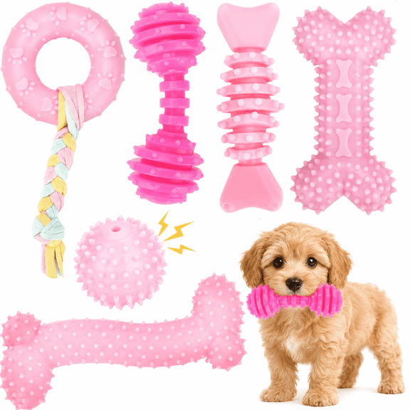 Puppy Toys, 6 Pack Dog Chew Toys for Puppy, Cute Pink Small Dog Toys, Teething Toys for Puppies, Soft Durable Interactive Chew Toy for Small Dogs