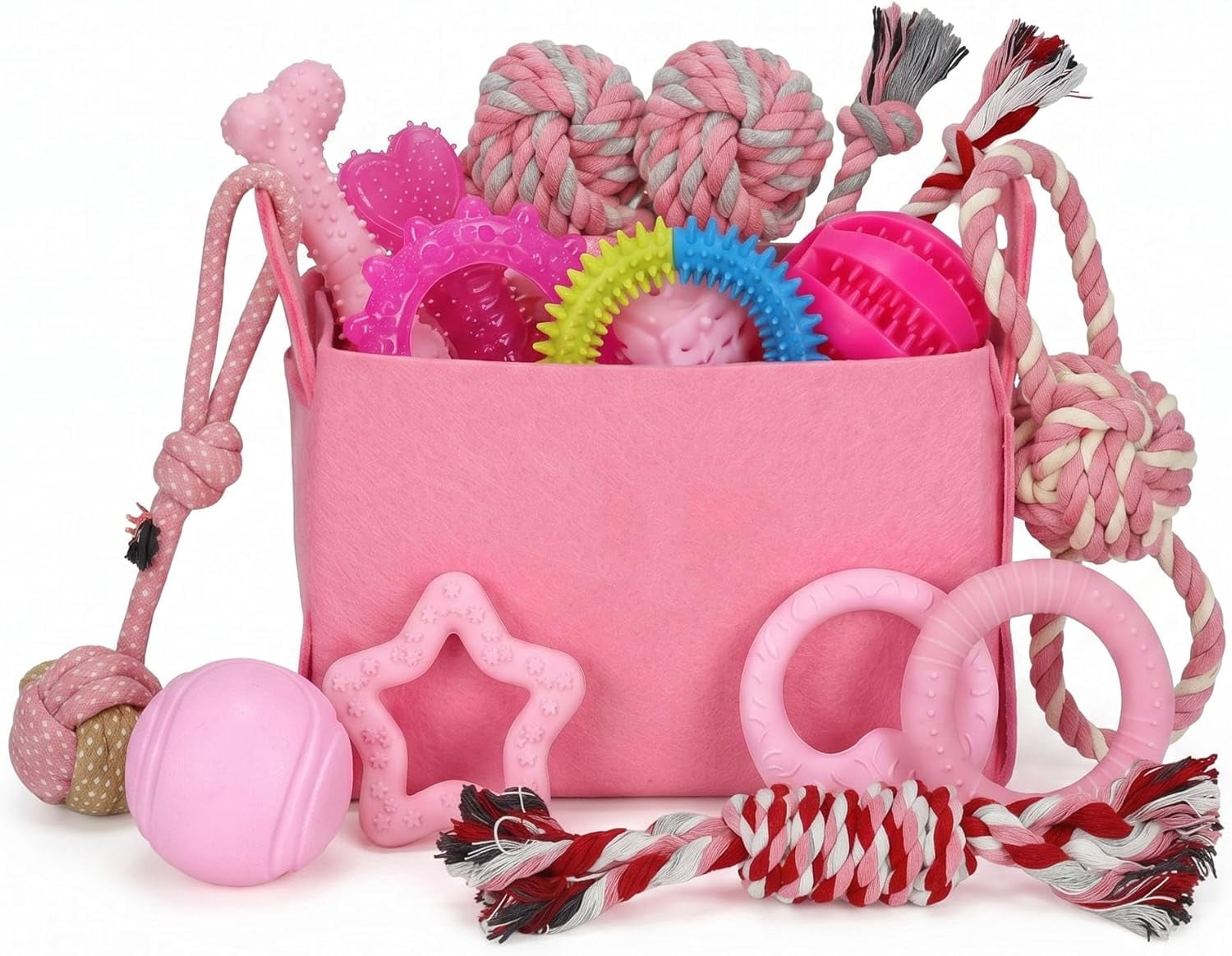 Puppy Toys Set - 20 Pack Pink Dog Chew Toys for Teething Small Breeds - Tough Rope Toys for Puppies, Cute Soft Rubber Toys Bundle with Basket for Girl Pets