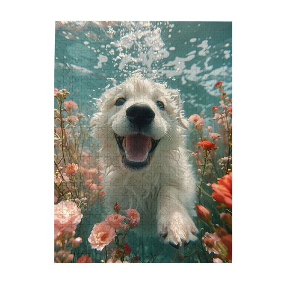 Puppy Underwater Flowers Bubbles 500-Piece Wooden Jigsaw Puzzle for Adults, Fun & Challenging Family Brain-Teaser, Perfect Home Decor & Gift